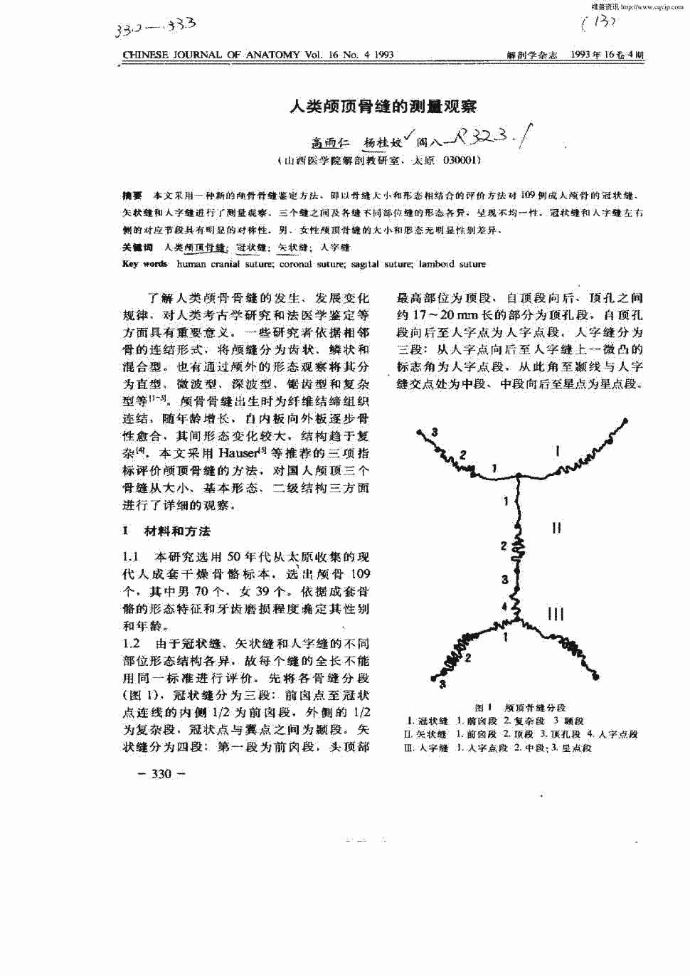 的评价方法对109例成人颅骨的冠状缝,矢状缝和人字缝进行了测量观察