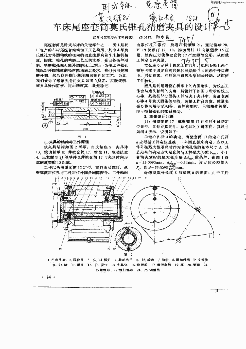 期刊车床尾座套筒莫氏锥孔精磨夹具的设计    正> 尾座套筒是卧式