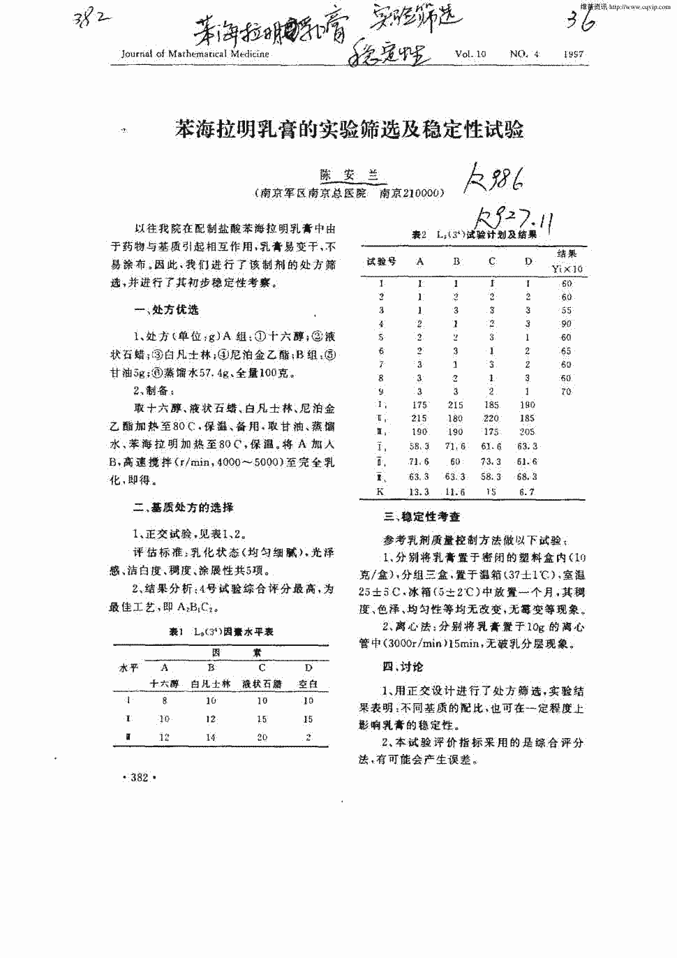 期刊苯海拉明乳膏的实验筛选及稳定性试验   苯海拉明乳膏的实验筛选