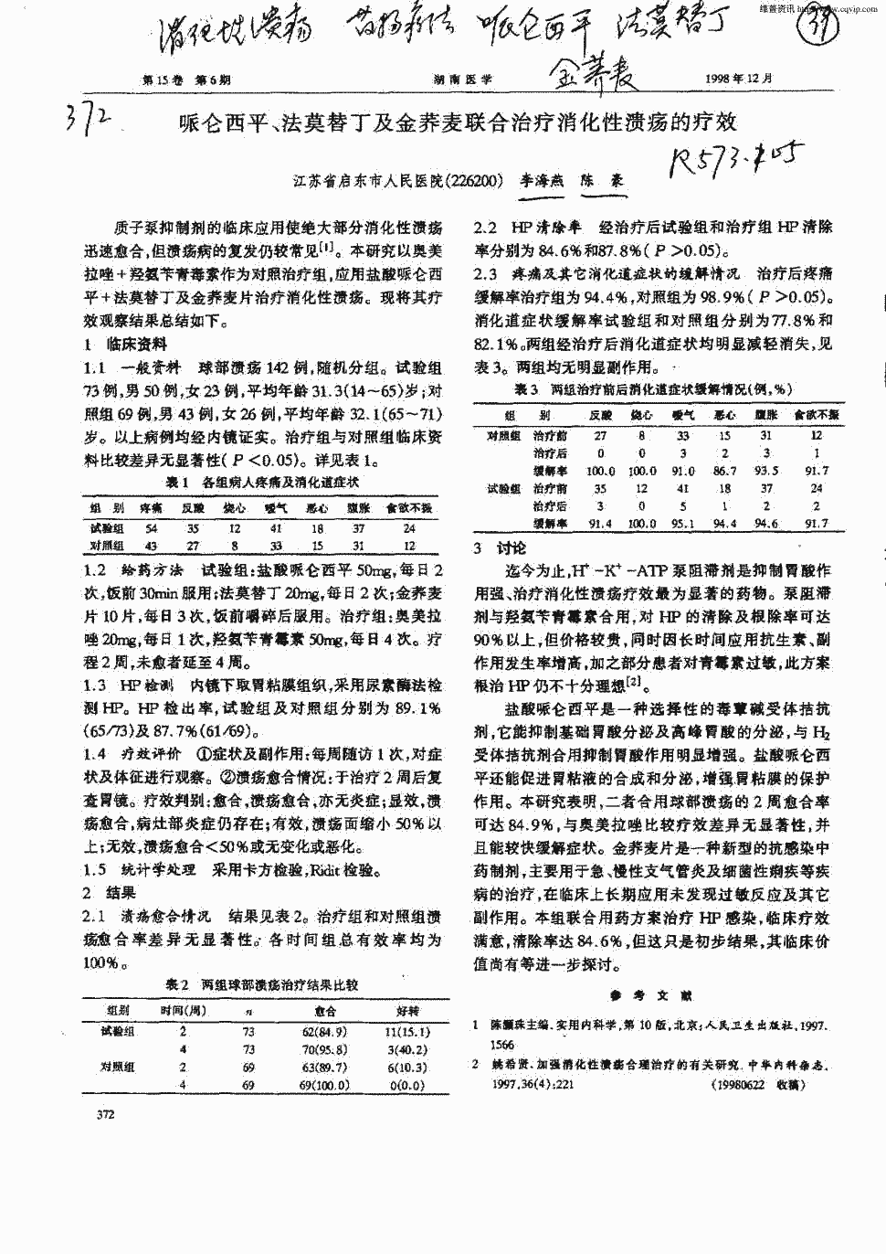 期刊哌仑西平,法莫替丁及金荞麦联合治疗消化性溃疡的疗效被引量:3