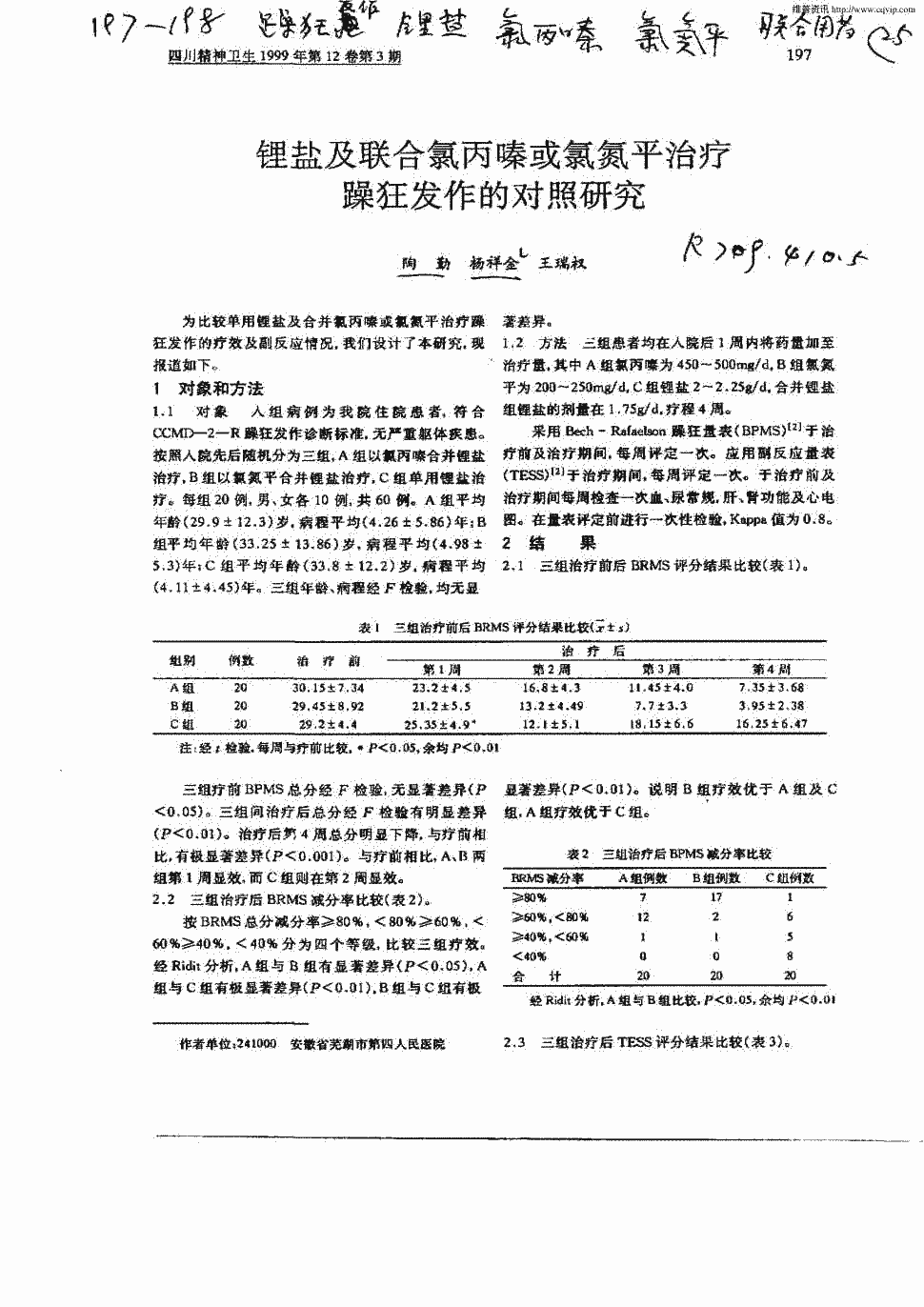 期刊锂盐及联合氯丙嗪或氯氮平治疗躁狂发作的对照研究    为比较单