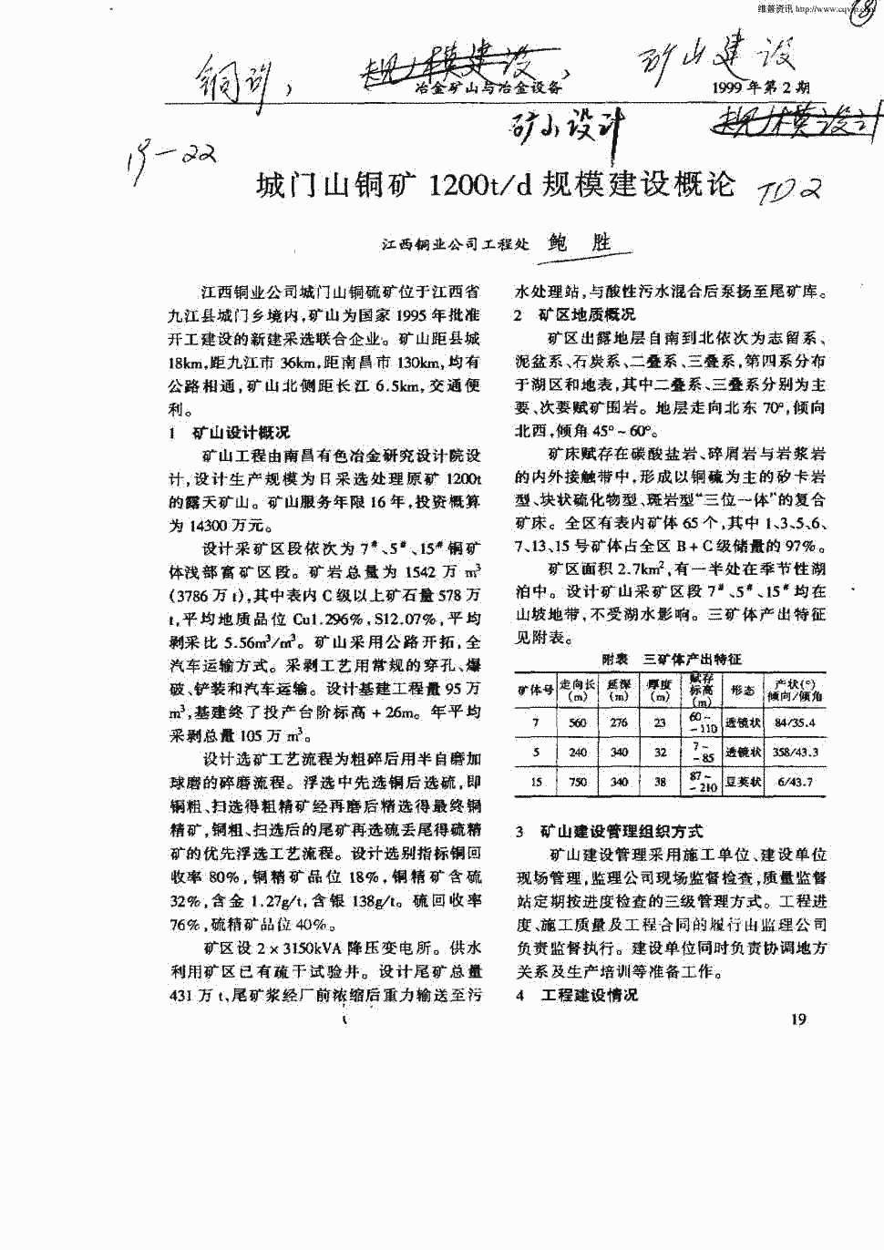 期刊城门山铜矿1200t/d规模建设概论