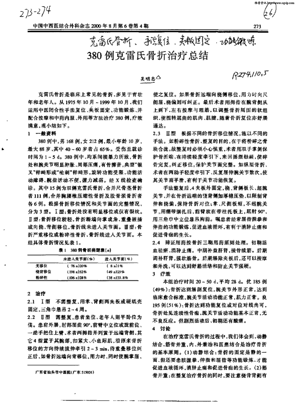 4期 273-274,共2页吴明忠关键词:克雷氏骨折手法复位夹板固定功能锻炼