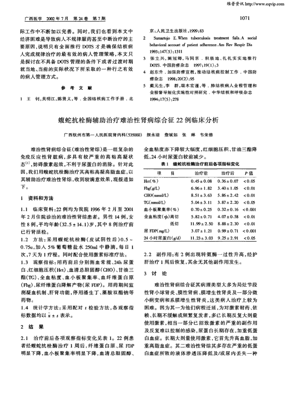 期刊蝮蛇抗栓酶辅助治疗难治性肾病综合征22例临床分析 难治性