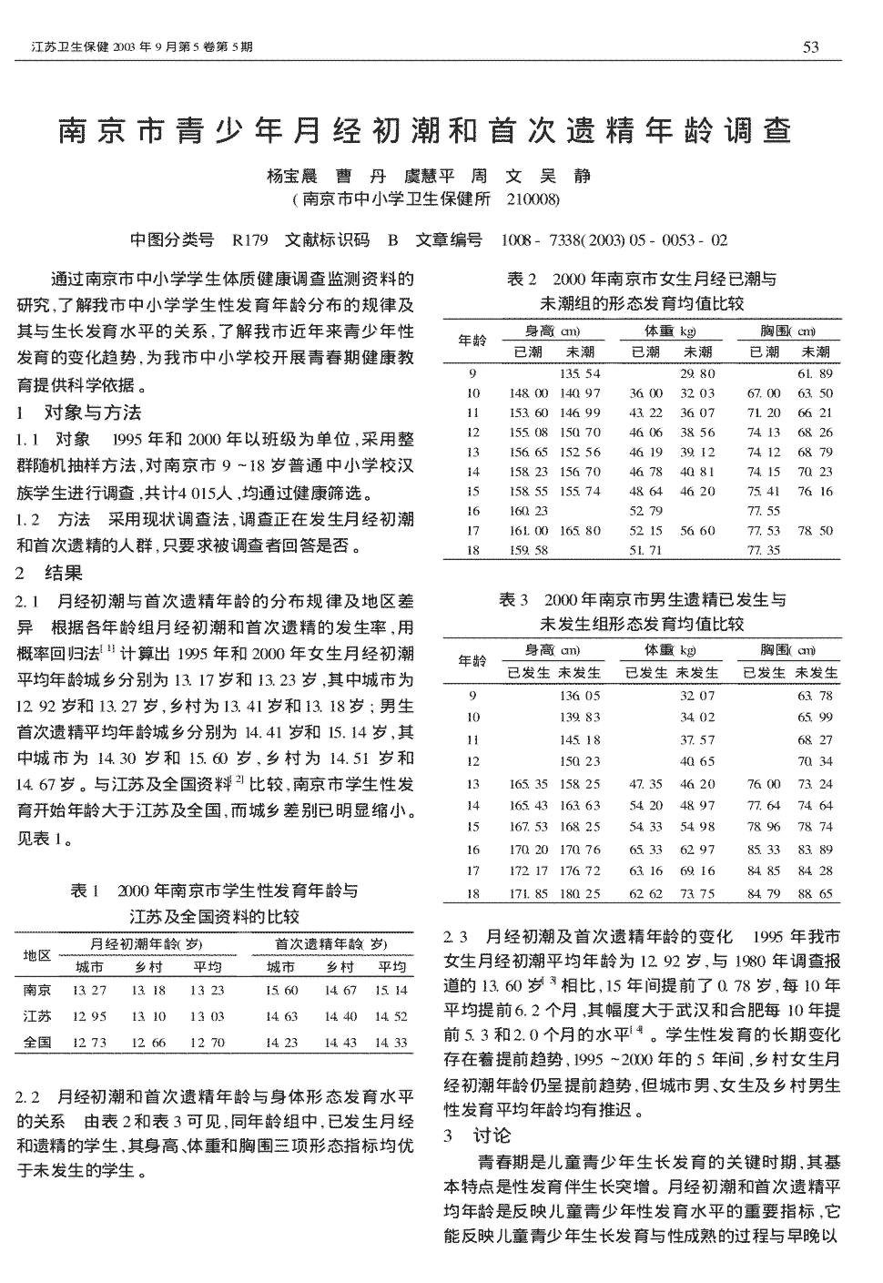 期刊南京市青少年月经初潮和首次遗精年龄调查被引量:3