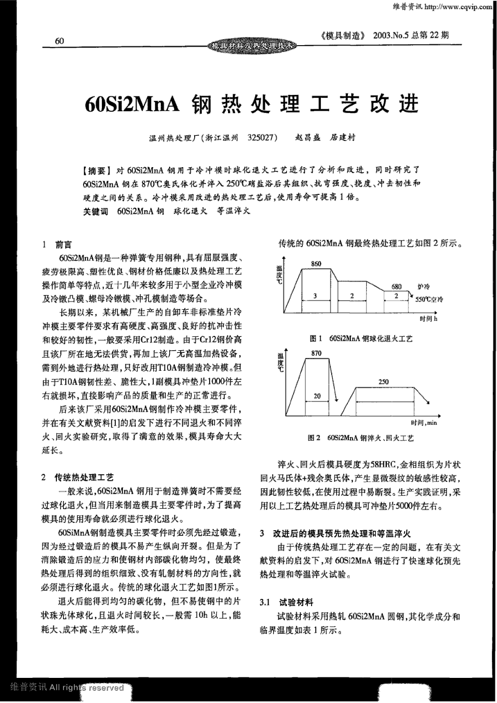 期刊60si2mna钢热处理工艺改进 对60si2mna钢用于冷冲模时球化退火