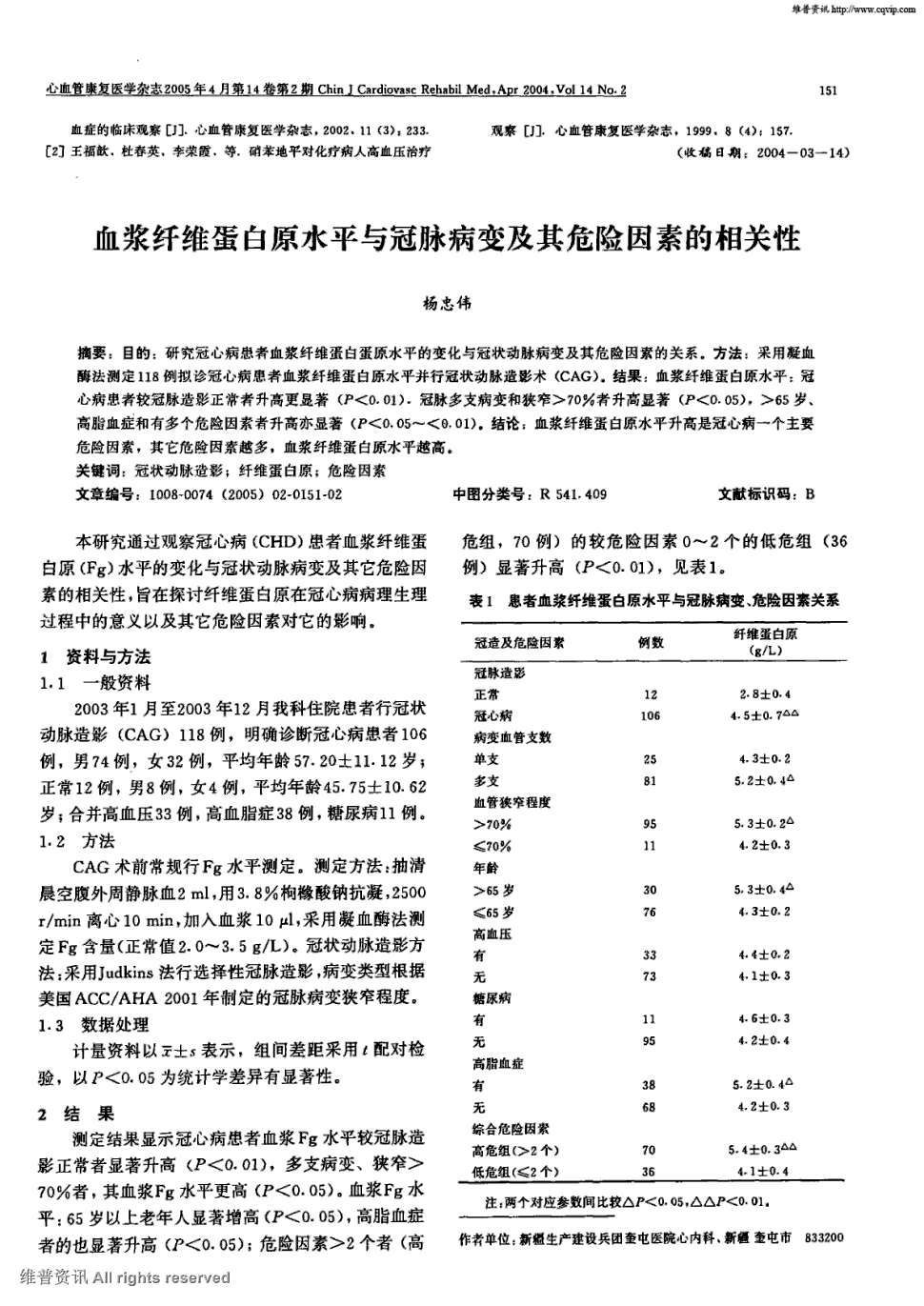 方法:采用凝血酶法测定118例拟诊冠心病患者血浆纤维蛋白原水平并行