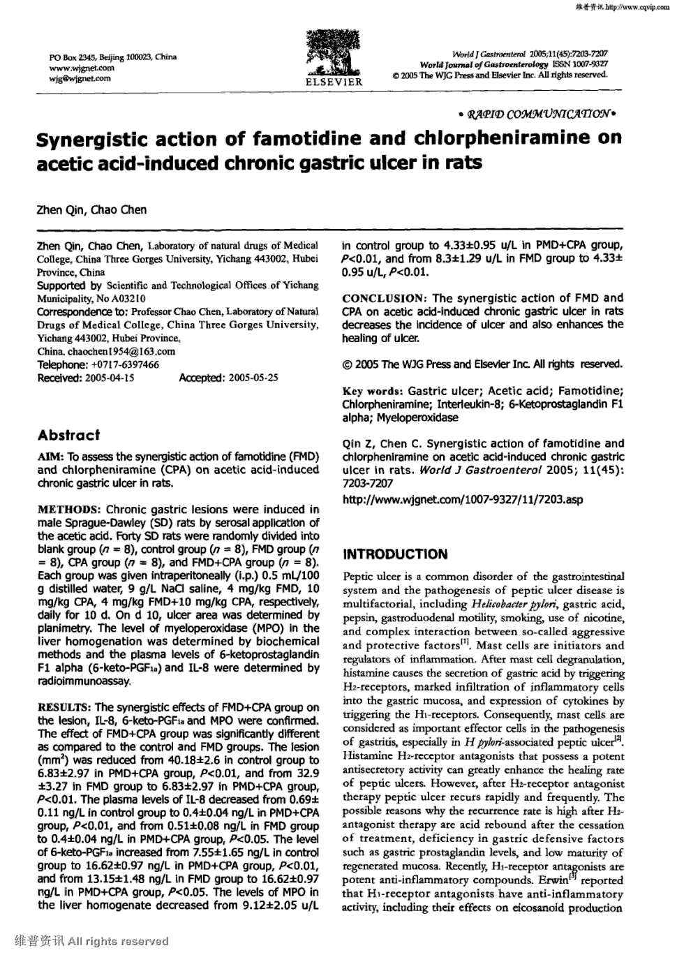 chlorpheniramine on acetic acid-induced chronic gastric ulcer in