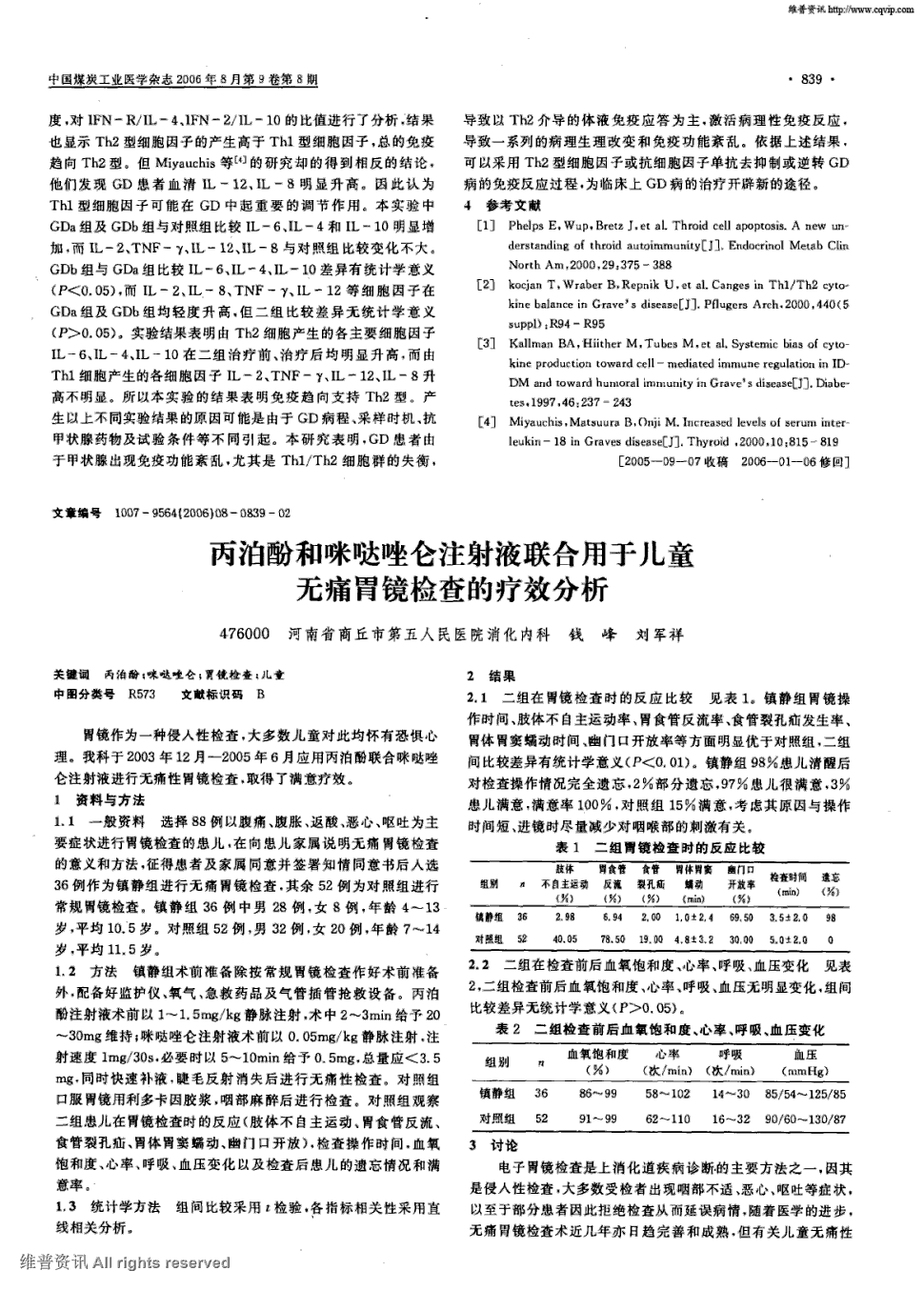 期刊丙泊酚和咪哒唑仑注射液联合用于儿童无痛胃镜检查的疗效分析