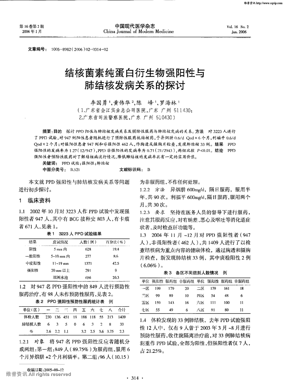 期刊结核菌素纯蛋白衍生物强阳性与肺结核发病关系的探讨      目的