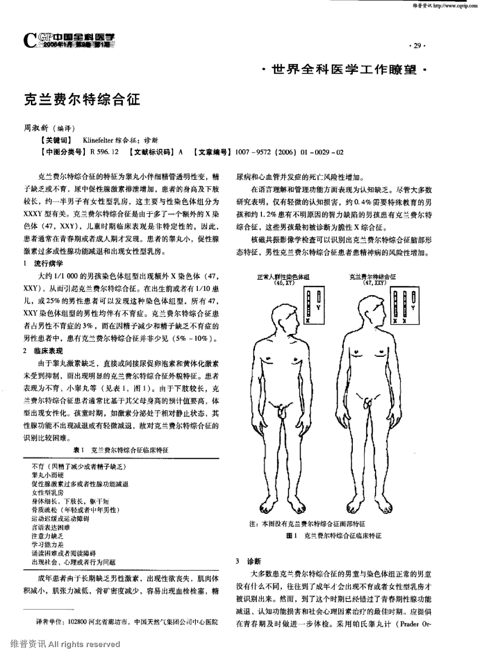 期刊克兰费尔特综合征被引量:1   克兰费尔特综合征的特征为睾丸小伴