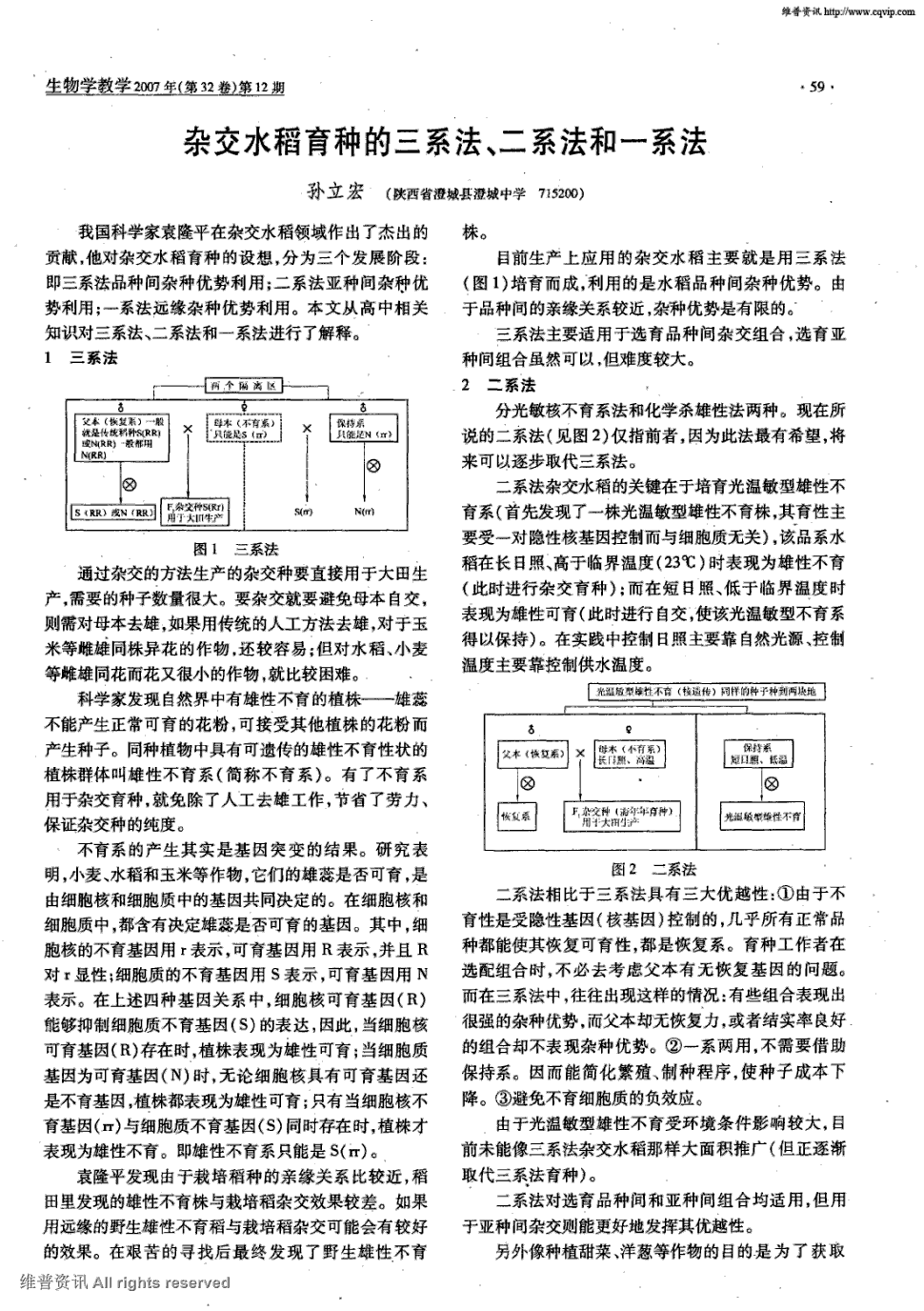 期刊杂交水稻育种的三系法,二系法和一系法   我国科学家袁隆平在