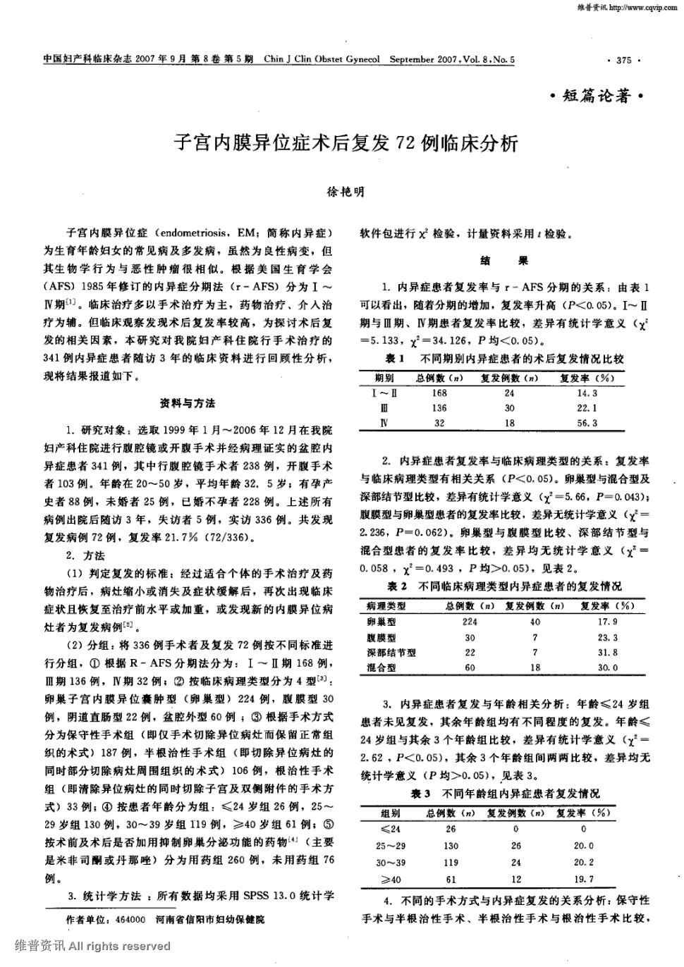 期刊子宫内膜异位症术后复发72例临床分析被引量:5   子宫内膜异位症