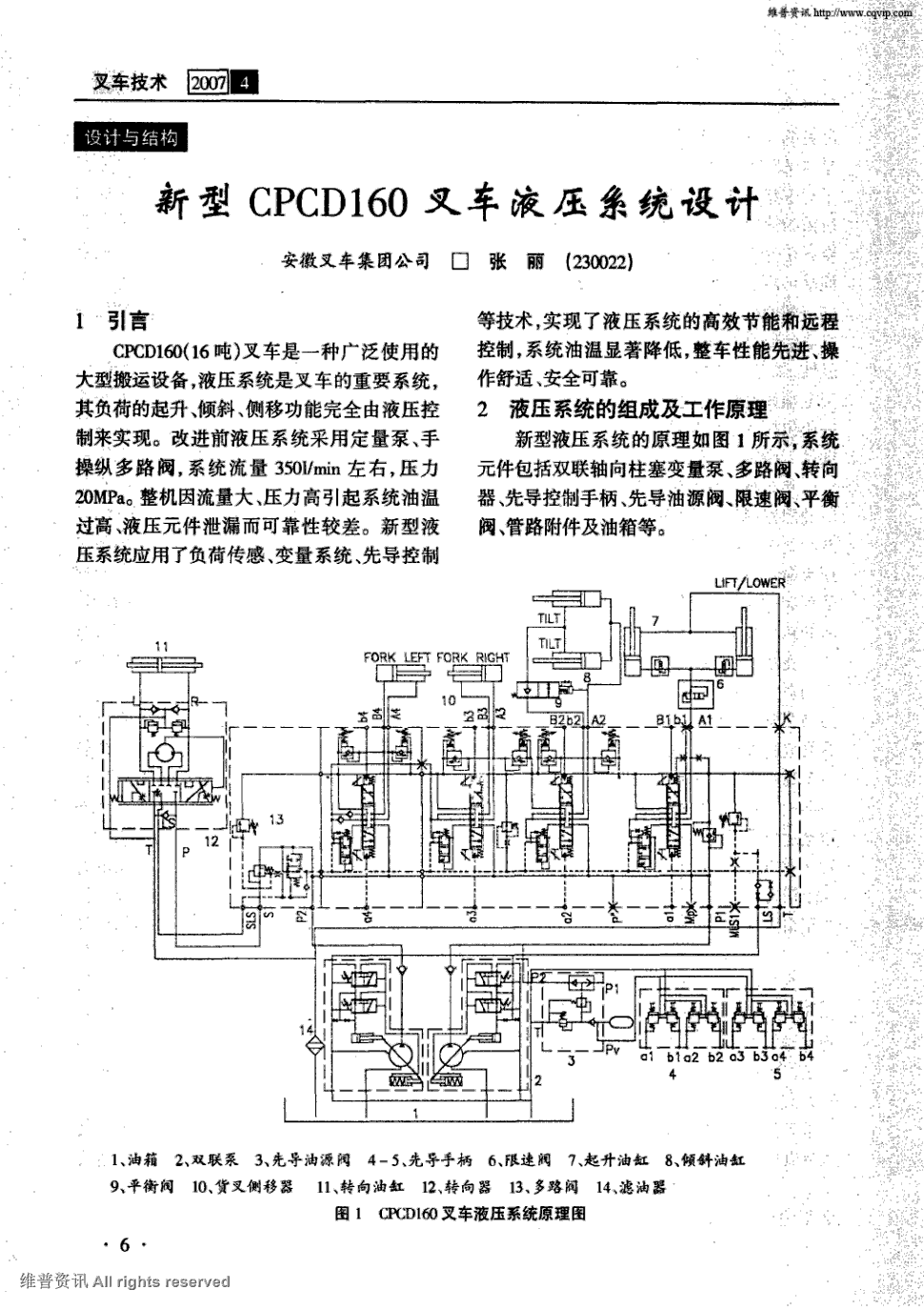 期刊新型cpcd160叉车液压系统设计   1引言  cpcd160(16吨)叉车是一