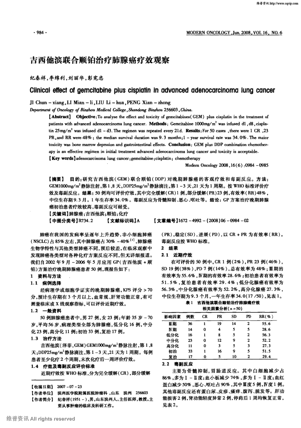 期刊吉西他滨联合顺铂治疗肺腺癌疗效观察被引量:10      目的:研究