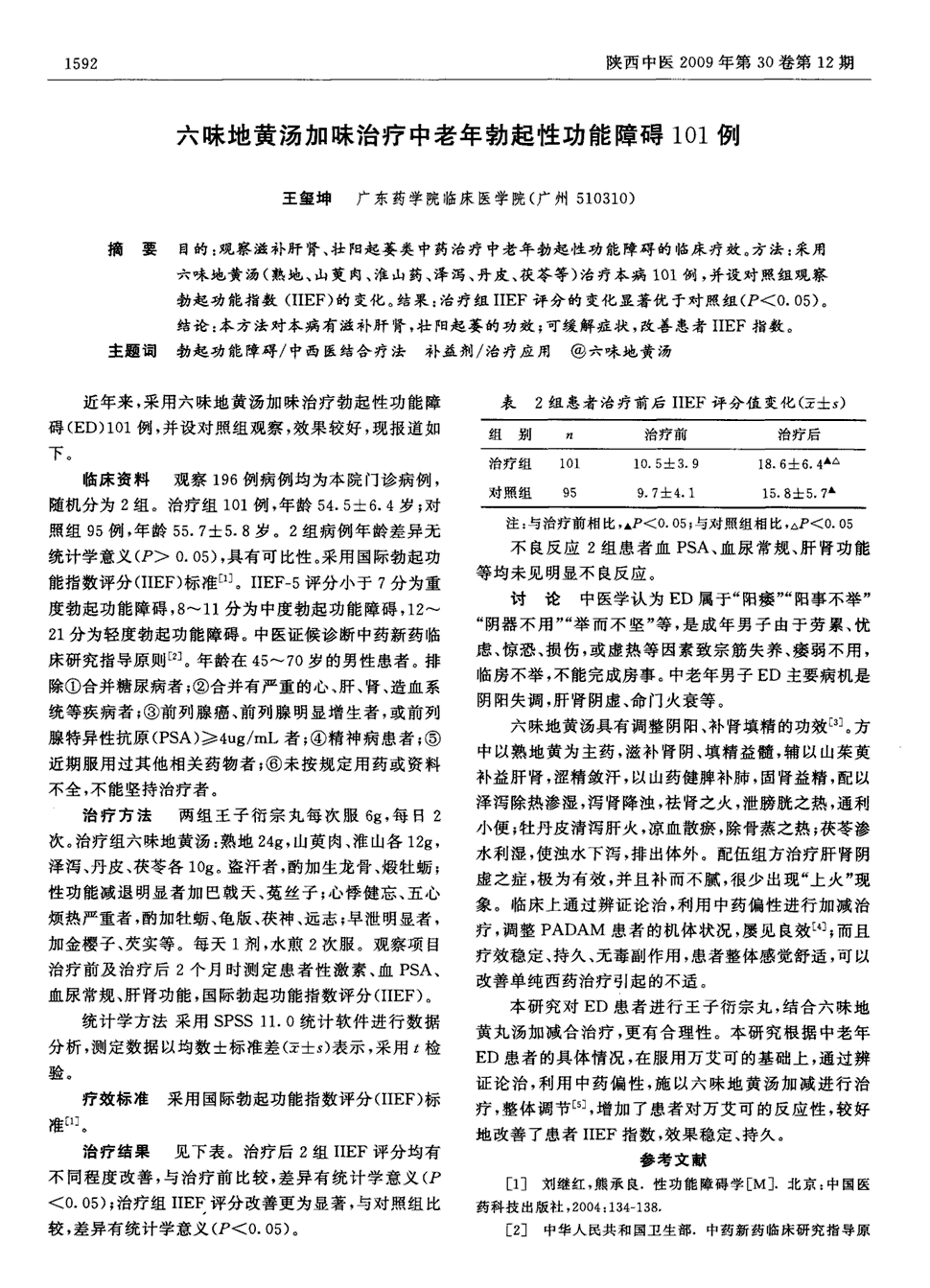 期刊六味地黄汤加味治疗中老年勃起性功能障碍101例被引量:4   目的