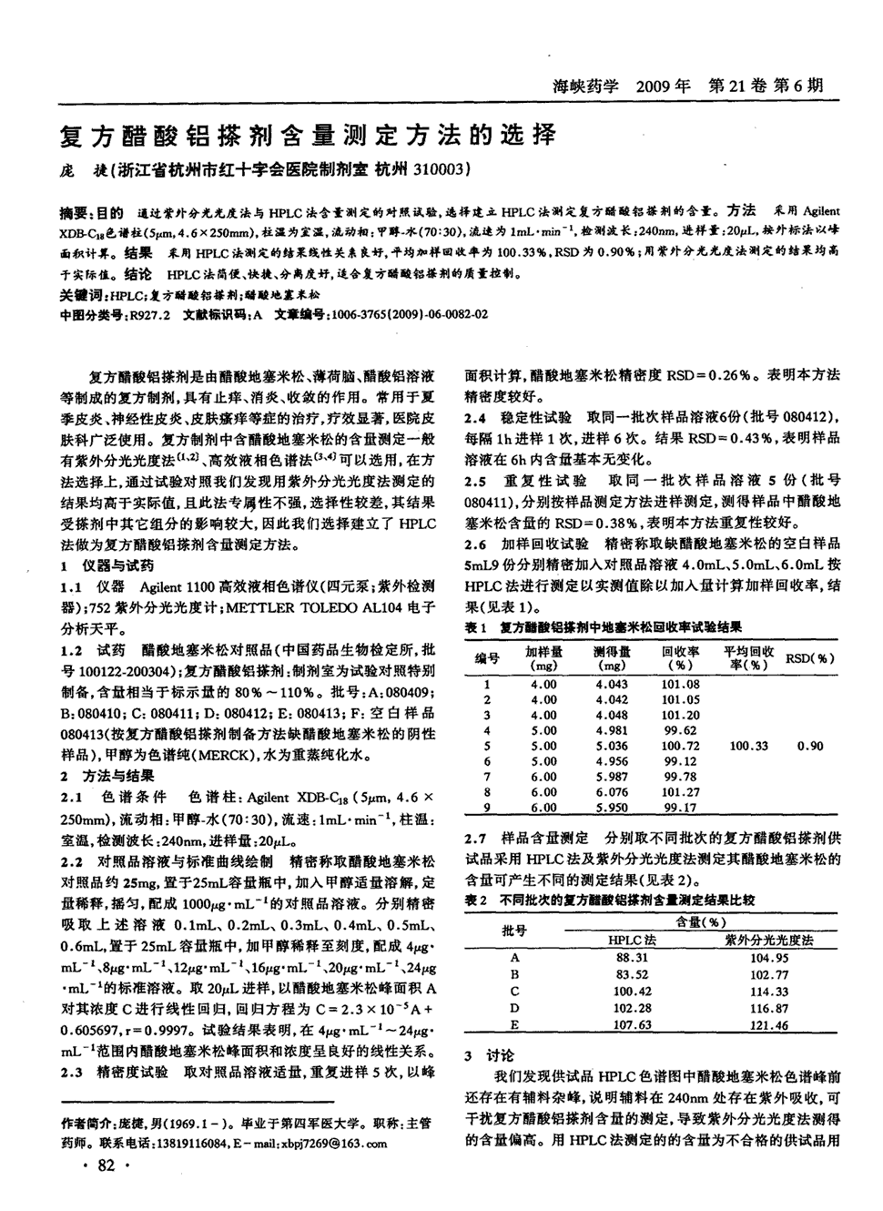 期刊复方醋酸铝搽剂含量测定方法的选择   目的通过紫外分光光度法与