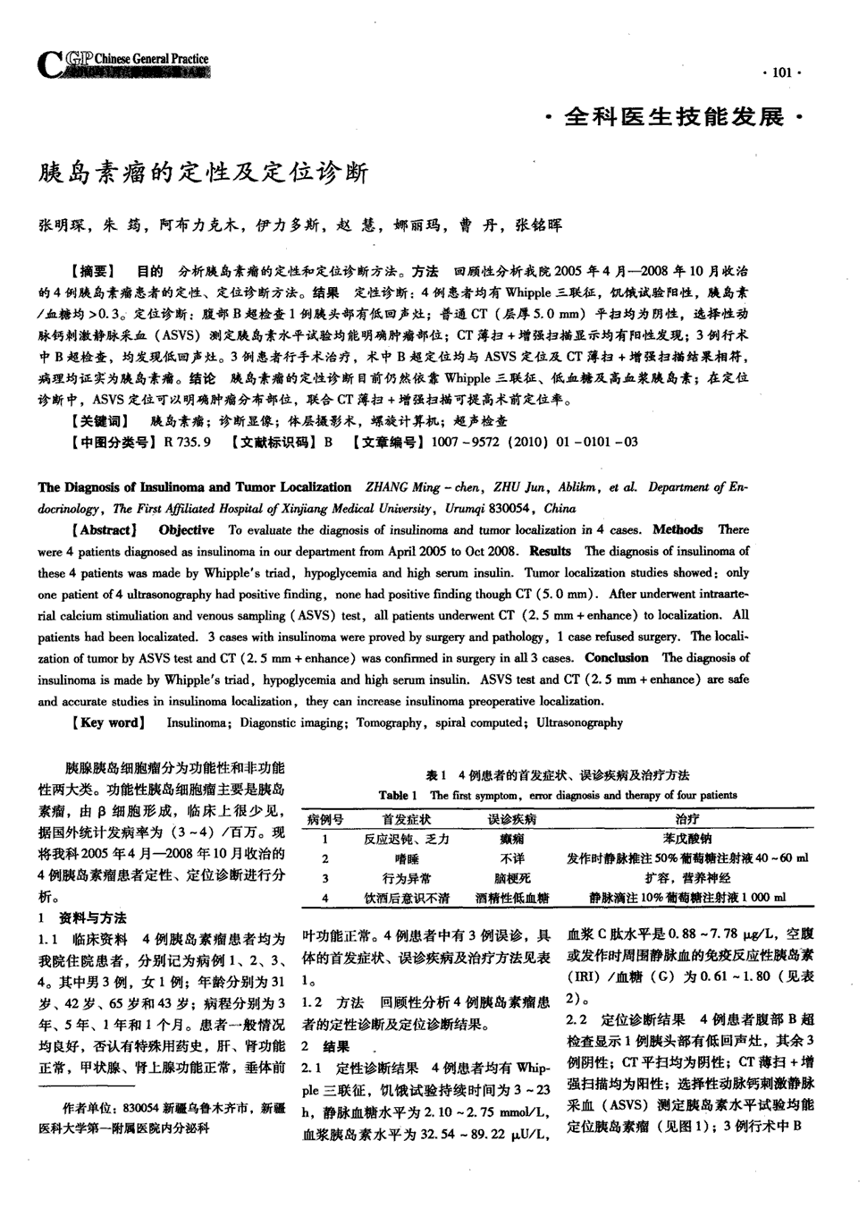 结果定性诊断:4例患者均有whipple三联征,饥饿试验阳性,胰岛素/血糖均