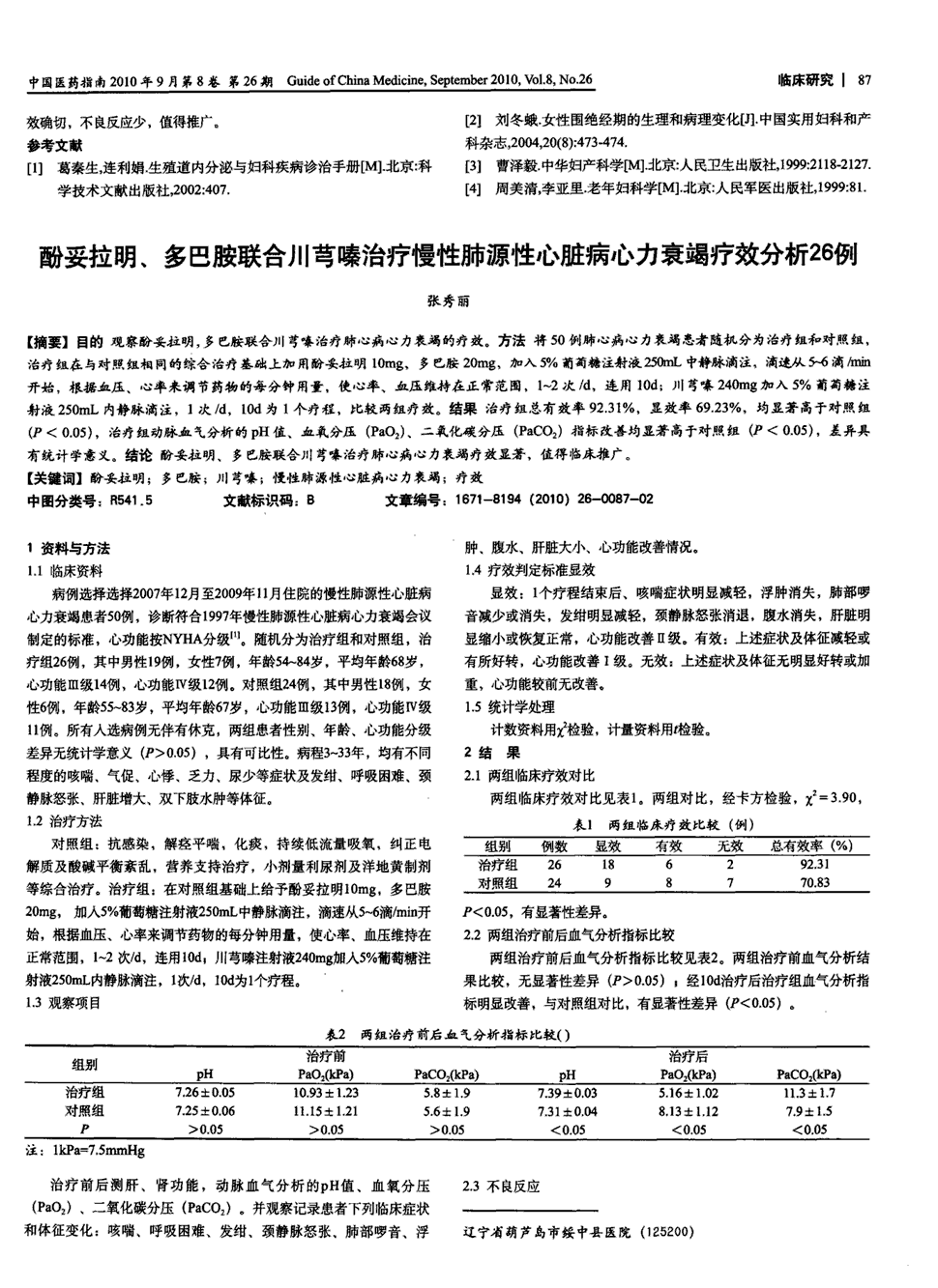 期刊酚妥拉明,多巴胺联合川芎嗪治疗慢性肺源性心脏病心力衰竭疗效