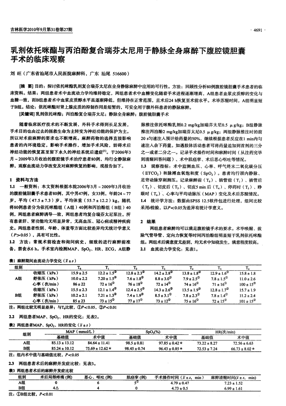 3   目的:探讨依托咪酯乳剂复合瑞芬太尼在全身静脉麻醉中应用的可行