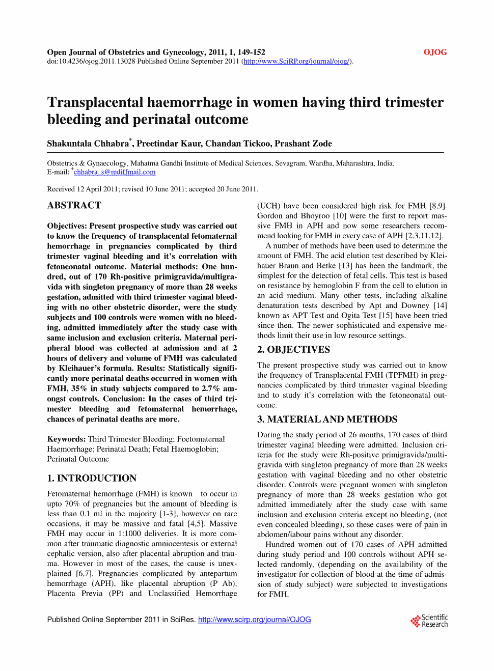 期刊transplacental haemorrhage in women having third trimester