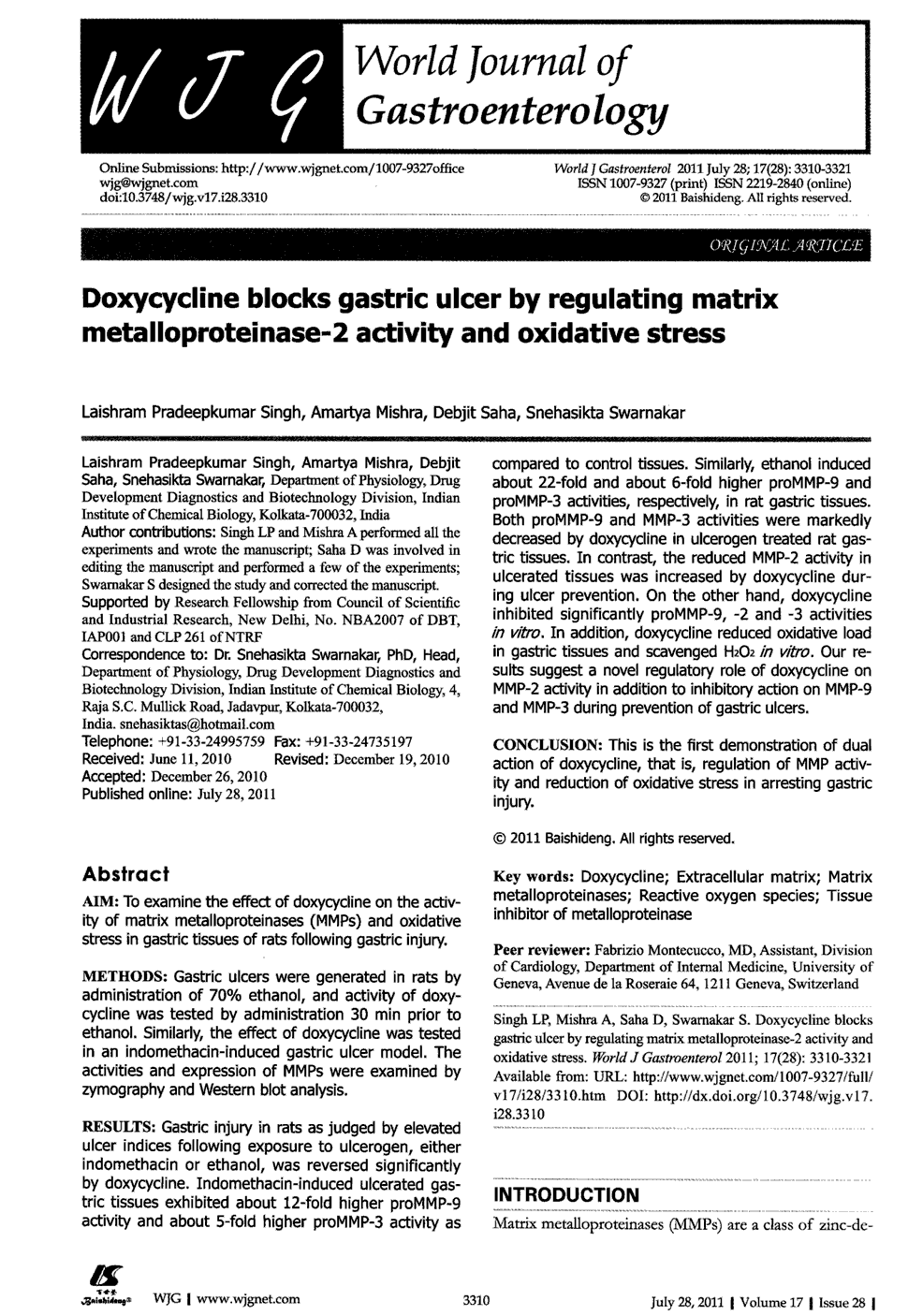 期刊doxycycline blocks gastric ulcer by regulating matrix