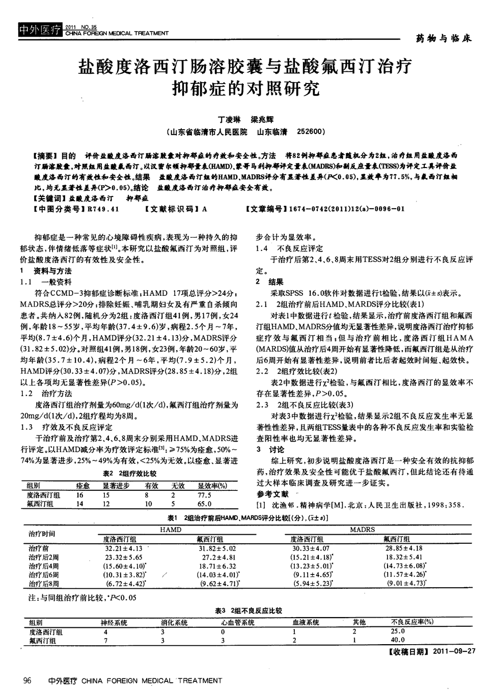 期刊盐酸度洛西汀肠溶胶囊与盐酸氟西汀治疗抑郁症的对照研究被引量