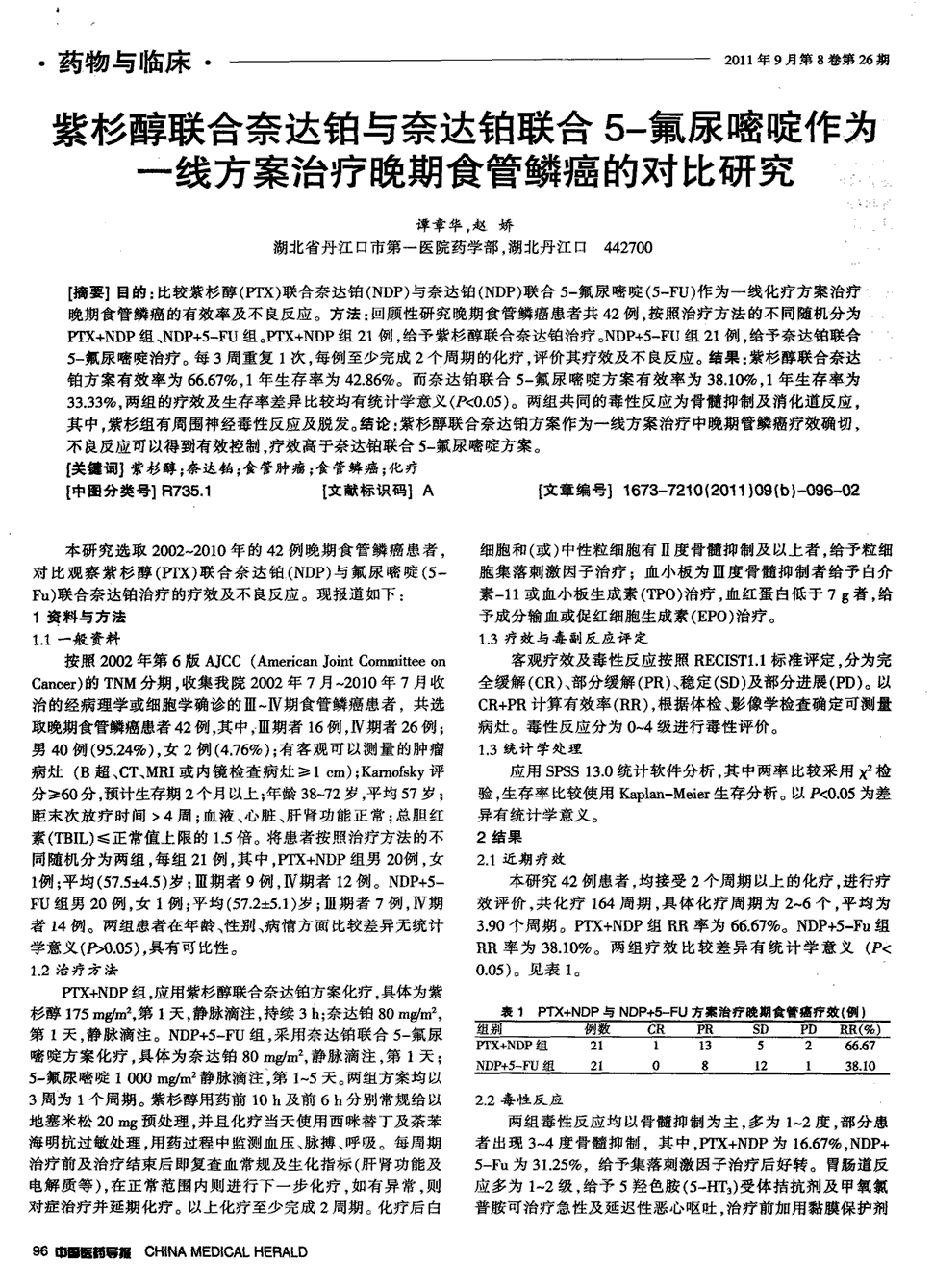 期刊紫杉醇联合奈达铂与奈达铂联合5-氟尿嘧啶作为一线方案治疗晚期