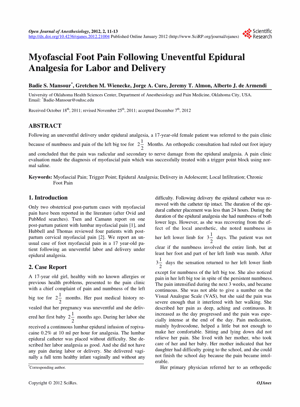 期刊myofascial foot pain following uneventful epidural