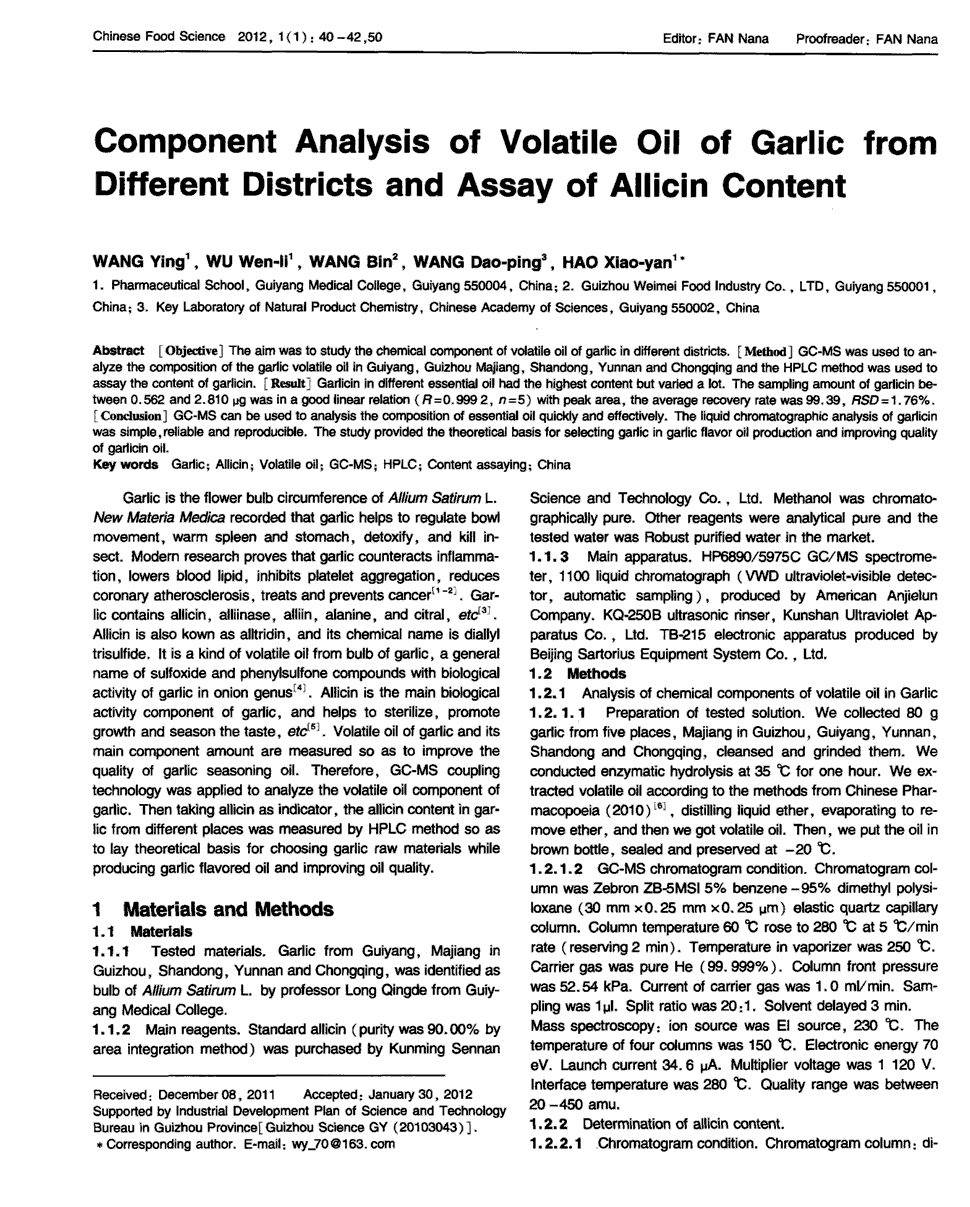 oil of garlic from different districts and assay of allicin