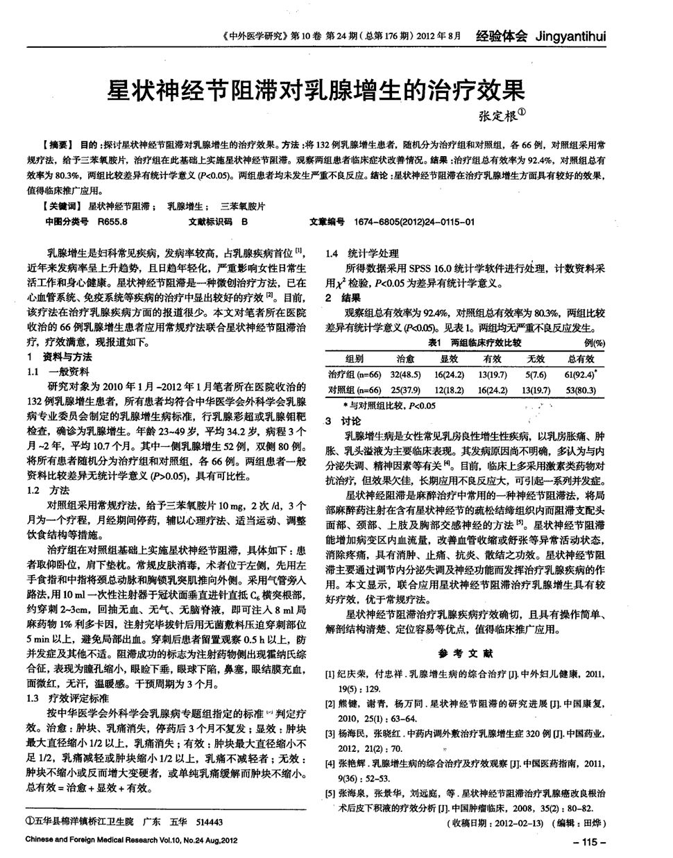 组采用常规疗法,给予三苯氧胺片,治疗组在此基础上实施星状神经节阻滞