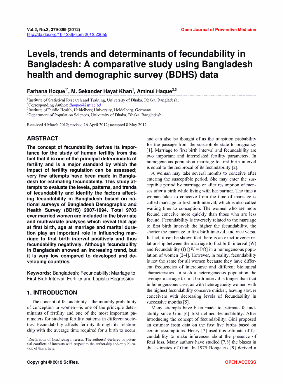 期刊levels, trends and determinants of fecundability in