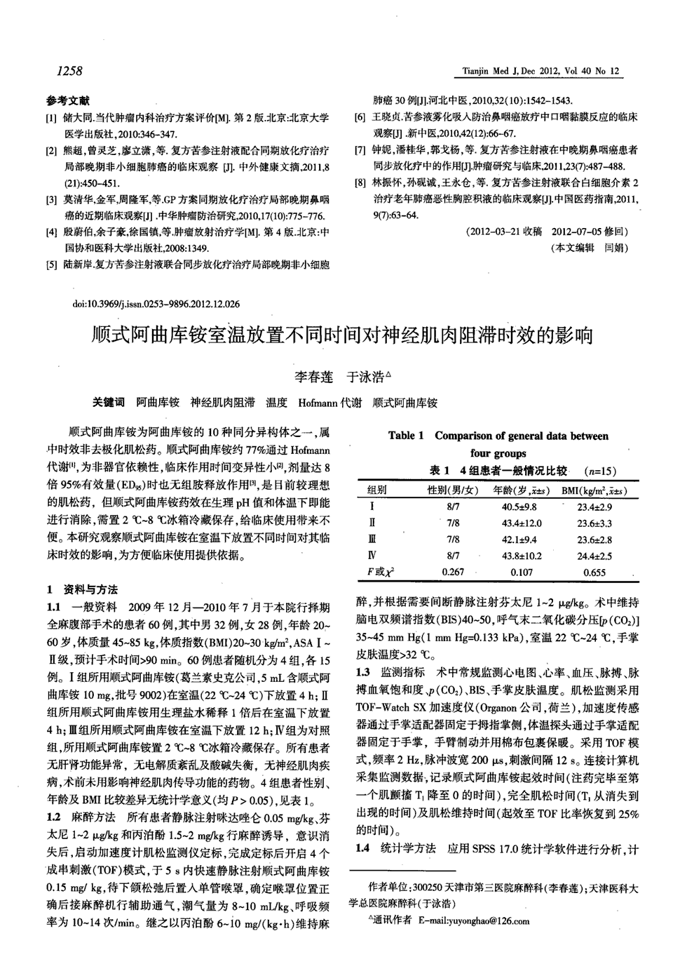 期刊顺式阿曲库铵室温放置不同时间对神经肌肉阻滞时效的影响被引量