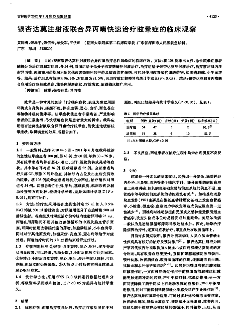 期刊银杏达莫注射液联合异丙嗪快速治疗眩晕症的临床观察被引量:8