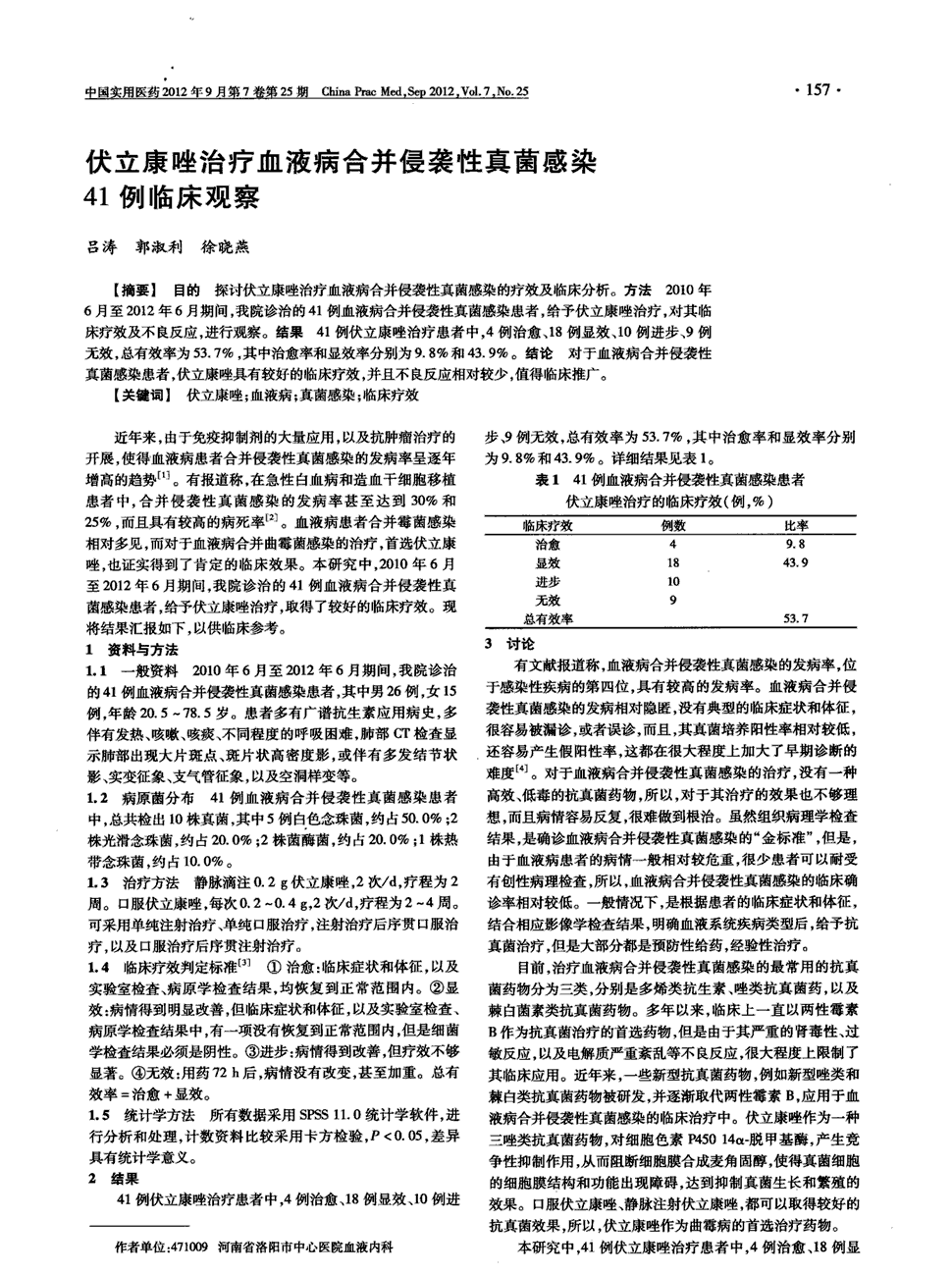 给予伏立康唑治疗,对其临床疗效及不良反应,进行观察