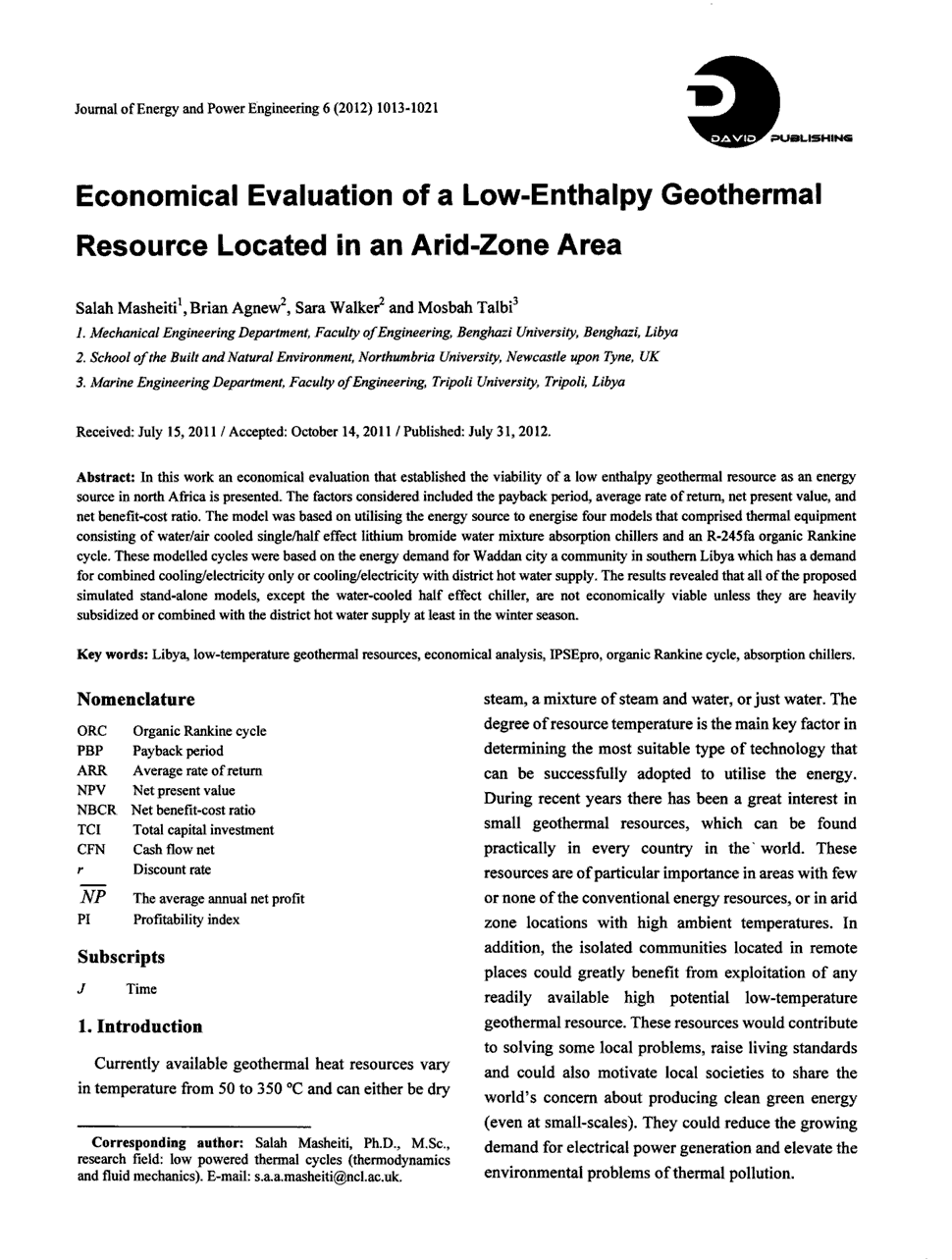 期刊economical evaluation of a low-enthalpy geothermal resource