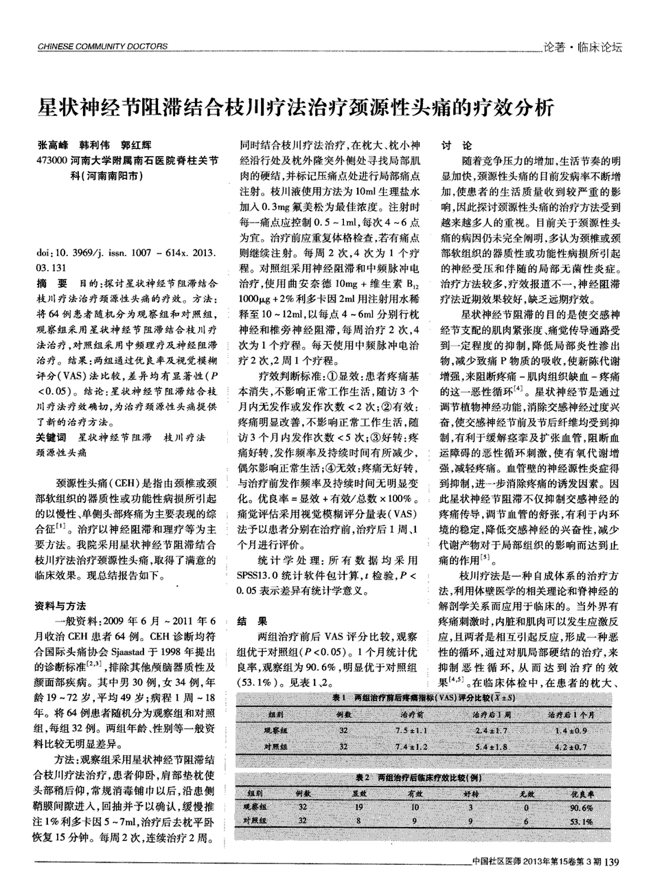 期刊星状神经节阻滞结合枝川疗法治疗颈源性头痛的疗效分析被引量:1