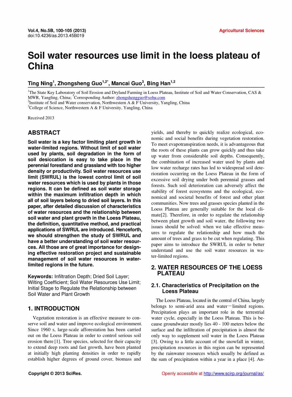 期刊soilwaterresourcesuselimitintheloessplateauofchina