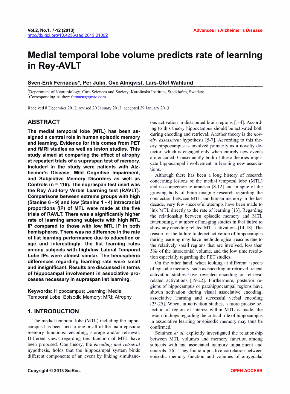 期刊medialtemporallobevolumepredictsrateoflearninginrey-avlt