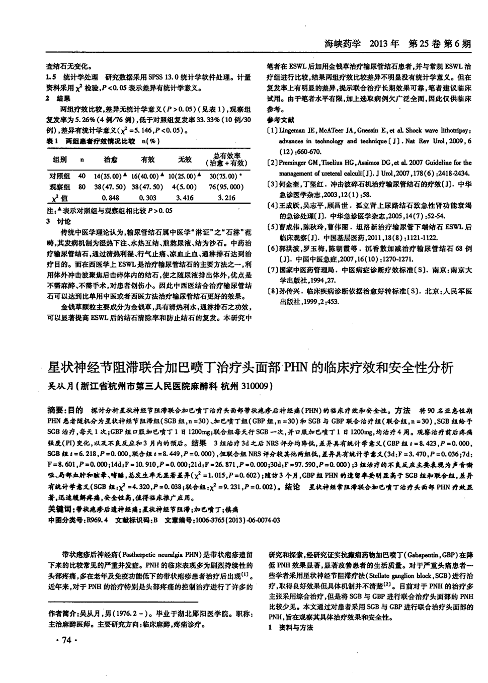 期刊星状神经节阻滞联合加巴喷丁治疗头面部phn的临床疗效和安全性