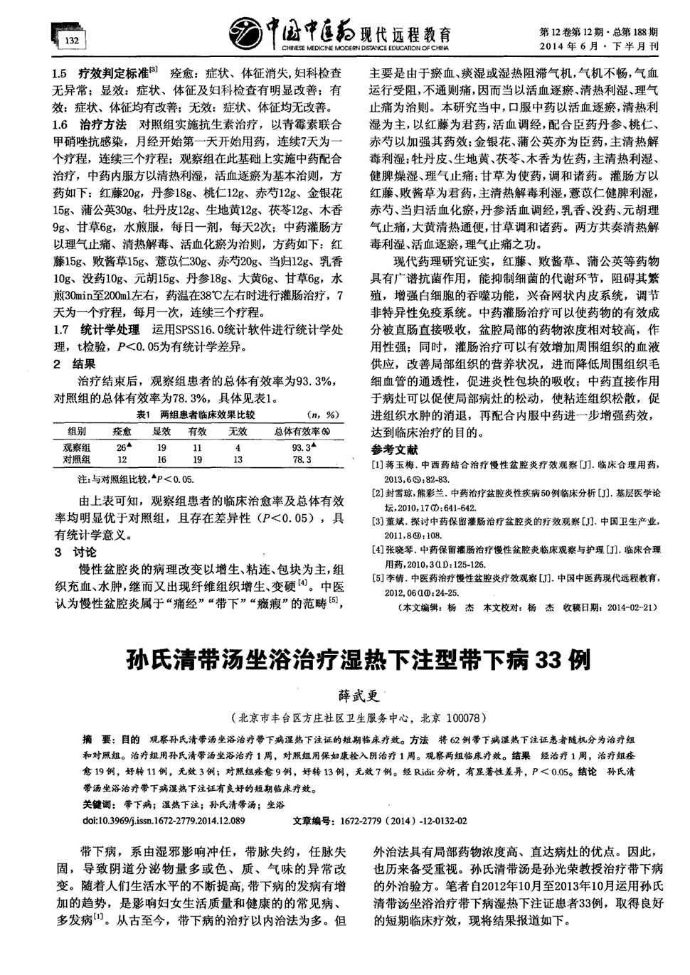 目的观察孙氏清带汤坐浴治疗带下病湿热下注证的短期临擦疗效.