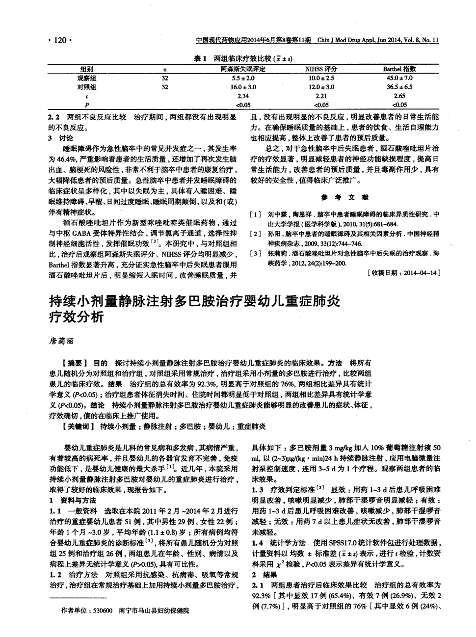 期刊持续小剂量静脉注射多巴胺治疗婴幼儿重症肺炎疗效分析被引量:1