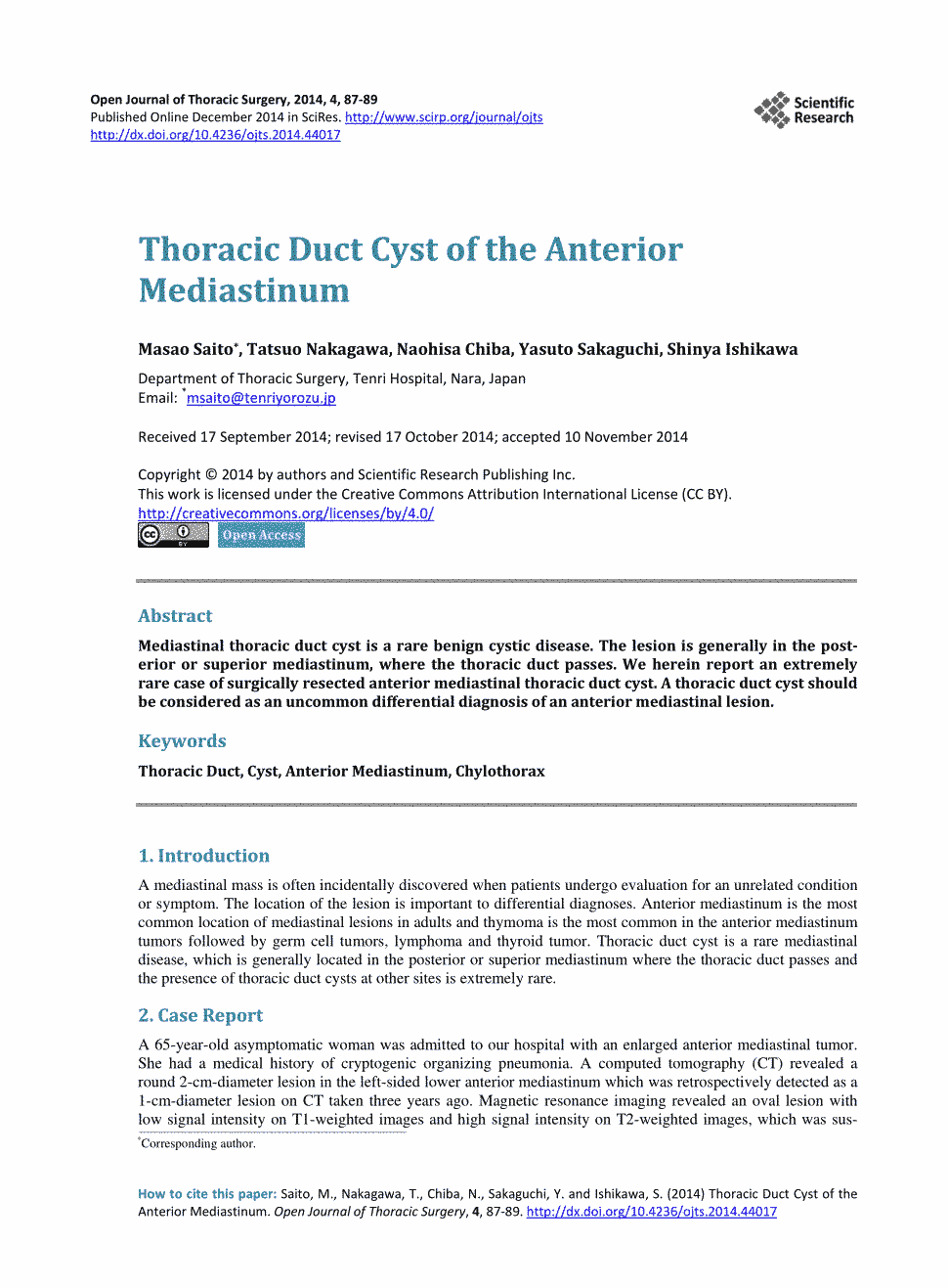 期刊thoracicductcystoftheanteriormediastinum