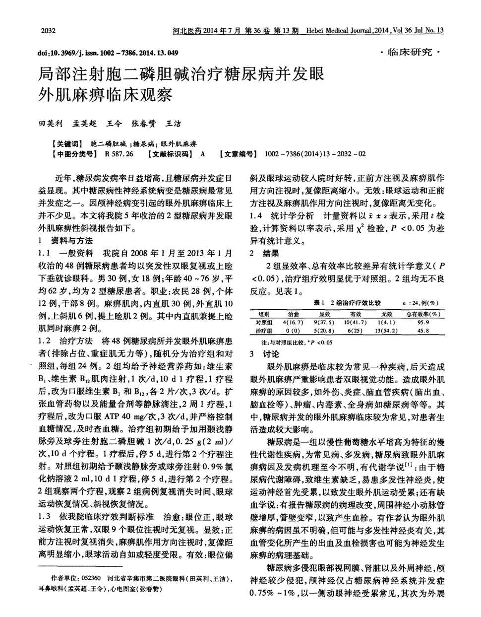 期刊局部注射胞二磷胆碱治疗糖尿病并发眼外肌麻痹临床观察