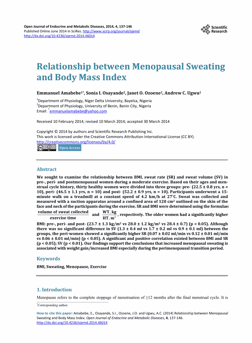 期刊relationship between menopausal sweating and body mass