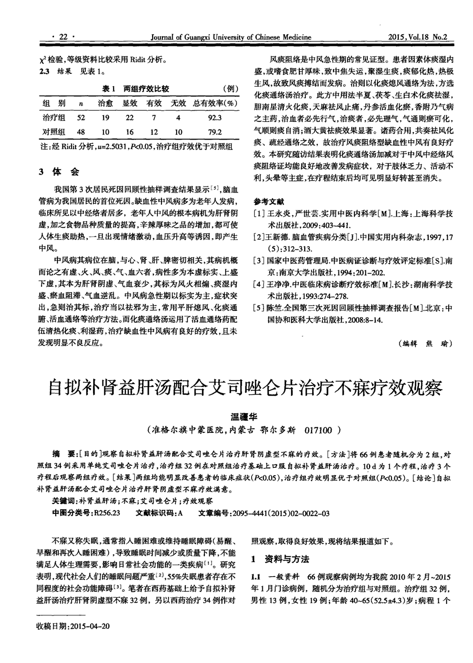 期刊自拟补肾益肝汤配合艾司唑仑片治疗不寐疗效观察   教育部国家