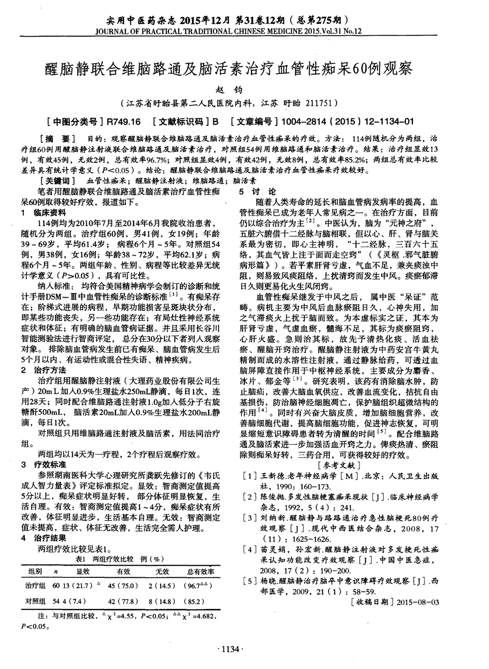 期刊醒脑静联合维脑路通及脑活素治疗血管性痴呆60例观察被引量:1