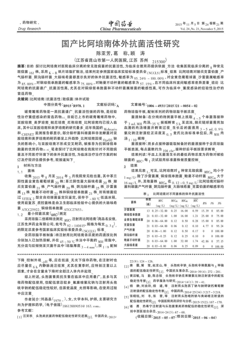 期刊国产比阿培南体外抗菌活性研究 目的探讨比阿培南对医院临床