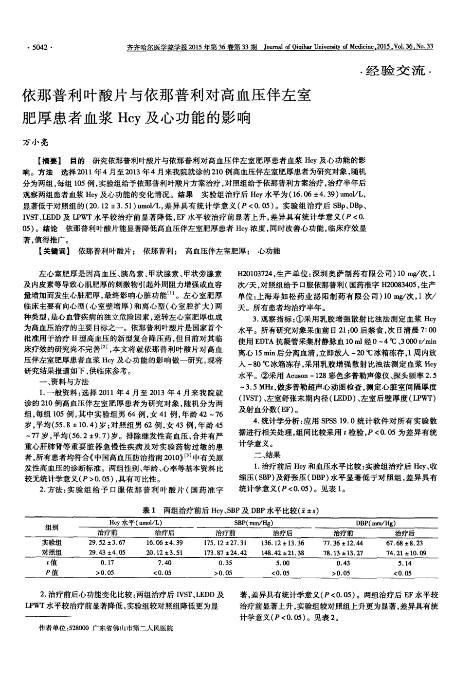 期刊依那普利叶酸片与依那普利对高血压伴左室肥厚患者血浆hcy及心