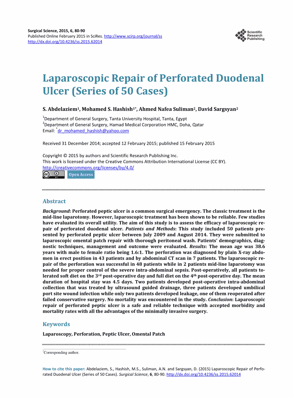 期刊laparoscopic repair of perforated duodenal ulcer (series of